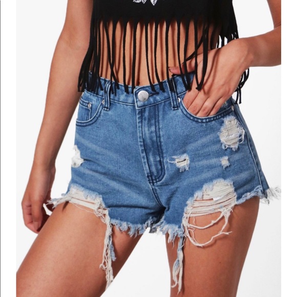blue denim distressed shorts